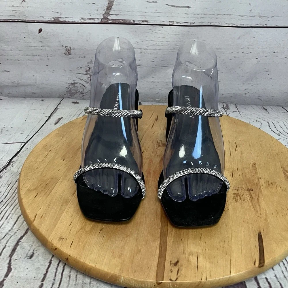 Lisa Vicky Shoes Womens Size 7M Black Hotfix Mood‎ Rhinestone Open Toe